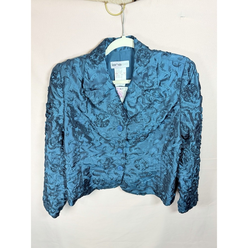 LANA LEE Blazer Jacket Blue on Blue Floral Velour Notched Collar Women Size 12